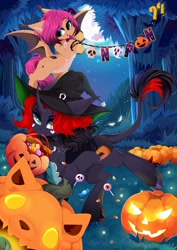 Size: 1527x2160 | Tagged: safe, artist:xsatanielx, derpibooru import, oc, oc only, bat pony, pony, unicorn, candy, chest fluff, choker, female, food, forest, forest background, freckles, halloween, hat, holiday, horn, jack-o-lantern, leonine tail, mouth hold, npn (nightmare pony night), pumpkin, pumpkin bucket, tail, trio, witch hat