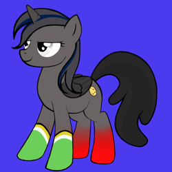 Size: 1024x1024 | Tagged: safe, artist:lyra heartstrings13, derpibooru import, oc, oc only, pegasus, pony, avatar maker: pony, blue background, clothes, colored horn, colored wings, dark background, female, folded wings, gradient legs, gray eyes, horn, mare, mismatched mane and tail, red and black oc, simple background, socks, solo, unnamed oc, wings