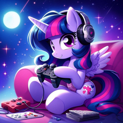 Size: 1024x1024 | Tagged: safe, ai content, derpibooru import, machine learning generated, twilight sparkle, twilight sparkle (alicorn), alicorn, pony, g4, controller, cute, female, headphones, moon, night, prompter:bluey2309, sofa, solo, stars, twiabetes, video game, wrong cutie mark