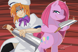 Size: 900x600 | Tagged: source needed, safe, artist:gogglesaurus, artist:phantos, derpibooru import, pinkie pie, earth pony, human, pony, g4, bipedal, crossover, duo, female, females only, higurashi no naku koro ni, human and pony, human female, knife, mare, pinkamena diane pie, rena ryuugu, signature