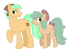 Size: 2381x1743 | Tagged: safe, artist:queertrixie, derpibooru import, oc, oc only, oc:apple blossom, oc:buck brashley, earth pony, pony, bandana, beret, bow, duo, female, hat, magical lesbian spawn, male, mare, next generation, offspring, parent:applejack, parent:coco pommel, raised hoof, raised leg, siblings, stallion, tail, tail bow