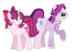 Size: 2478x1776 | Tagged: safe, artist:queertrixie, derpibooru import, oc, oc only, oc:birthday card, oc:wrapping paper, earth pony, pony, unicorn, bow, clothes, duo, female, glasses, hair bow, horn, magical lesbian spawn, male, mare, next generation, offspring, parent:pinkie pie, parent:rarity, shirt, stallion, tail, tail bow