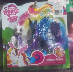 Size: 2083x2033 | Tagged: safe, derpibooru import, applejack, nightmare moon, rarity, alicorn, pony, unicorn, g3, g4, barcode, bootleg, female, horn, irl, my happy horse, my happy horse: happy time, not sunny daze, photo, recolor, toy