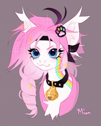 Size: 2800x3500 | Tagged: oc name needed, safe, artist:miurimau, derpibooru import, oc, oc only, pony, >:3, ambiguous species, bell, bell collar, blue eyes, bust, chest fluff, collar, ear fluff, ear tufts, ears, femboy, feminine stallion, gift art, gradient mane, gray background, headband, male, portrait, simple background, solo, sparkles, sparkly mane, stallion