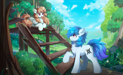 Size: 3727x2262 | Tagged: safe, artist:gale spark, derpibooru import, oc, oc only, oc:v.piper, earth pony, pegasus, pony, chest fluff, cloud, duo, duo male and female, ear fluff, ears, earth pony oc, emanata, female, lying down, male, mare, outdoors, pegasus oc, stairs, stallion, tree