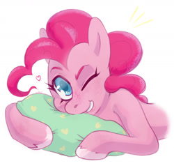 Size: 1280x1232 | Tagged: safe, artist:sunflower_polus, derpibooru import, pinkie pie, earth pony, pony, bust, female, grin, looking at you, lying down, mare, one eye closed, pillow, portrait, prone, simple background, smiling, solo, white background, wink