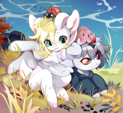 Size: 2006x1837 | Tagged: safe, artist:iimb, derpibooru import, oc, oc only, changeling, goat, insect, ladybug, octopus, original species, pony, autumn, chest fluff, clothes, duo, goat pony, grass, grin, hoodie, lying down, prone, sitting, smiling, water