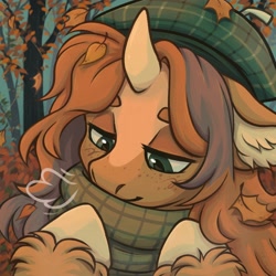 Size: 2048x2048 | Tagged: safe, artist:silly shark, derpibooru import, oc, oc only, pony, unicorn, autumn, autumn leaves, beret, bust, clothes, hat, high res, horn, leaves, lidded eyes, portrait, scarf, smiling, solo, unshorn fetlocks