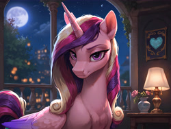 Size: 8192x6144 | Tagged: safe, ai content, derpibooru import, machine learning generated, ivy, princess cadance, alicorn, pony, g2, g4, 4k, absurd file size, absurd resolution, balcony, bedroom eyes, blurry background, castle, eyelashes, female, frown, high res, indoors, lamp, looking at you, moon, night, plant, potted plant, prompter:molagbal, smiling, smiling at you, smirk, smug, solo, starry night, upper body