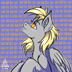 Size: 2048x2048 | Tagged: safe, artist:gigisarts, derpibooru import, derpy hooves, pegasus, pony, g4, bust, female, golden eyes, gray body, patterned background, portrait, sketch, solo, two toned background