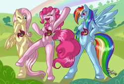 Size: 900x614 | Tagged: safe, alternate version, artist:renaayama, derpibooru import, fluttershy, pinkie pie, rainbow dash, anthro, earth pony, pegasus, g4, arm hooves, background pony applejack, background pony rarity, background pony twilight sparkle, breasts, endosoma, eyes closed, flutterpred, hootershy, implied applejack, implied omniship, implied rarity, implied twilight sparkle, inside stomach, macro/micro, mucous, mucus, non-fatal vore, one eye closed, open mouth, partially open wings, pinkie pies, pinkie pred, preddash, rainboob dash, rugae, slimy, spread wings, stomach acid, vore, wings, wink