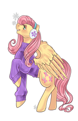 Size: 3300x5100 | Tagged: safe, artist:ashley-the-muffin, derpibooru import, fluttershy, pegasus, pony, clothes, earmuffs, female, looking up, mare, open mouth, open smile, raised hoof, raised leg, simple background, smiling, solo, sweater, transparent background