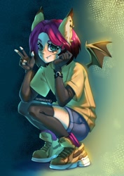 Size: 573x810 | Tagged: safe, artist:skobkazavr, derpibooru import, oc, oc only, oc:pumpkin (avroras_world), human, abstract background, bat wings, clothes, colored eartips, colored pinnae, crouching, cute, cute little fangs, ear tufts, eared humanization, fangs, female, fingerless gloves, freckles, gloves, gradient background, gradient hair, hairclip, humanized, leg freckles, looking at you, npn (nightmare pony night), peace sign, shirt, shoes, shorts, simple background, sneakers, socks, solo, t-shirt, teal eyes, winged humanization, wings, zettai ryouiki