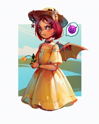 Size: 1731x2160 | Tagged: safe, artist:annna markarova, derpibooru import, oc, oc only, oc:pumpkin (avroras_world), anthro, bat pony, bat pony oc, choker, clothes, colored eartips, colored pinnae, dress, ear tufts, female, flower, freckles, gradient mane, hairclip, hat, mare, npn (nightmare pony night), passepartout, spiked choker, spread wings, sun hat, sundress, teal eyes, unamused, wings, 👿