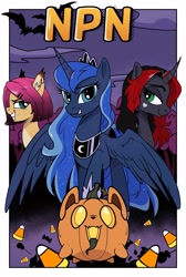 Size: 1455x2160 | Tagged: safe, derpibooru import, princess luna, oc, oc:hokc, oc:jack (avroras_world), oc:pumpkin (avroras_world), alicorn, bat, bat pony, original species, pony, unicorn, bat pony oc, candy, candy corn, choker, colored eartips, colored pinnae, curved horn, ear tufts, female, food, freckles, gradient mane, green eyes, grin, hairclip, hoof shoes, horn, i can't believe it's not idw, jewelry, lidded eyes, looking at you, mare, npn (nightmare pony night), peytral, princess shoes, pumpkin, pumpkin dog, smiling, style emulation, teal eyes, tiara, unicorn oc