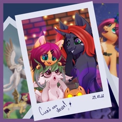 Size: 2160x2160 | Tagged: safe, artist:doxs, derpibooru import, oc, oc only, oc:hokc, oc:jack (avroras_world), oc:pumpkin (avroras_world), bat pony, original species, pony, unicorn, 2023, :o, antennae, bat pony oc, brown eyes, chest fluff, choker, cloven hooves, colored eartips, colored hooves, colored pinnae, curved horn, cute, cute little fangs, ear tufts, fangs, female, freckles, gradient mane, green eyes, grin, hooves, horn, looking at each other, looking at someone, mare, npn (nightmare pony night), open mouth, open smile, polaroid, pumpkin, pumpkin dog, smiling, teal eyes, unicorn oc