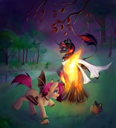 Size: 982x1080 | Tagged: safe, artist:ske, derpibooru import, oc, oc only, oc:hokc, oc:jack (avroras_world), oc:pumpkin (avroras_world), bat pony, original species, pony, unicorn, bat pony oc, bonfire, chest fluff, choker, colored eartips, colored hooves, ear tufts, female, fetlock tuft, fire, freckles, gradient mane, gradient tail, grass, green eyes, hooves, horn, leonine tail, mare, night, npn (nightmare pony night), one wing out, open mouth, open smile, pumpkin, pumpkin dog, raised hoof, raised leg, smiling, spiked choker, tail, tree, trio, unicorn oc, unshorn fetlocks, wings