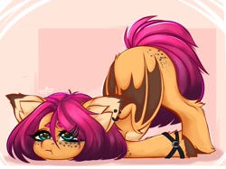 Size: 2560x1911 | Tagged: safe, derpibooru import, oc, oc only, oc:pumpkin (avroras_world), bat pony, pony, :t, bat pony oc, bracelet, butt, butt focus, chest fluff, choker, colored eartips, colored hooves, ear tufts, female, freckles, gradient mane, gradient tail, hairclip, heard, hooves, jewelry, leg fluff, mare, npn (nightmare pony night), pale belly, pink background, shoulder fluff, simple background, solo, tail, teal eyes, unshorn fetlocks