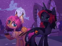 Size: 1280x960 | Tagged: safe, derpibooru import, oc, oc only, oc:hokc, oc:jack (avroras_world), oc:pumpkin (avroras_world), bat pony, original species, pony, unicorn, adult blank flank, bat pony oc, butt freckles, chest fluff, choker, cloud, cloven hooves, colored eartips, colored hooves, colored pinnae, ear tufts, female, fetlock tuft, folded wings, freckles, gradient mane, gradient tail, green eyes, hairclip, hooves, horn, leonine tail, mare, mare in the moon, moon, night, npn (nightmare pony night), pale belly, physique difference, ponyville, pumpkin, pumpkin dog, shoulder fluff, slender, tail, teal eyes, thin, trio, unicorn oc, unshorn fetlocks, wings