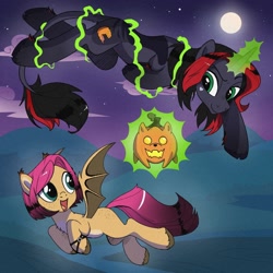 Size: 1280x1280 | Tagged: safe, derpibooru import, oc, oc only, oc:hokc, oc:jack (avroras_world), oc:pumpkin (avroras_world), bat pony, original species, pony, unicorn, adult blank flank, bat pony oc, bracelet, butt freckles, chest fluff, cloven hooves, colored eartips, colored hooves, colored pinnae, curved horn, ear tufts, female, fetlock tuft, flying, freckles, gradient mane, gradient tail, green eyes, hooves, horn, jewelry, leonine tail, levitation, magic, magic aura, mare, moon, night, npn (nightmare pony night), pale belly, pumpkin, pumpkin dog, self-levitation, tail, teal eyes, telekinesis, trio, unicorn oc, unshorn fetlocks