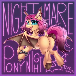 Size: 1080x1080 | Tagged: safe, artist:kreteen art, derpibooru import, oc, oc only, oc:pumpkin (avroras_world), bat pony, pony, adult blank flank, bat pony oc, bracelet, butt, butt freckles, colored eartips, colored eyelashes, colored hooves, colored pinnae, dock, ear tufts, eye clipping through hair, eyebrows, eyebrows visible through hair, fangs, female, flying, freckles, gradient mane, gradient tail, hooves, jewelry, looking at you, looking back, looking back at you, mare, npn (nightmare pony night), open mouth, open smile, pale belly, plot, purple background, simple background, smiling, solo, tail, teal eyelashes, teal eyes, text, underhoof