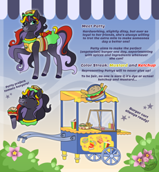 Size: 1000x1089 | Tagged: safe, artist:themiles, derpibooru import, oc, oc only, oc:patty, horse, burger, cart, clothes, eating, female, food, french fries, hat, hoof hold, mare, solo, text, uniform, wild manes, wild manes oc