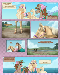 Size: 900x1124 | Tagged: safe, artist:themiles, derpibooru import, horse, bailey (wild manes), cocoa (wild manes), comic, dialogue, duo, duo female, female, hoers, lake, mare, ocean, realistic, speech bubble, water, wild manes