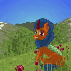 Size: 1920x1920 | Tagged: safe, artist:_butterscotch, derpibooru import, oc, oc only, oc:jack masters, kirin, background, commission, flower, hill, kirin oc, male, mountain, sky, solo, tulip