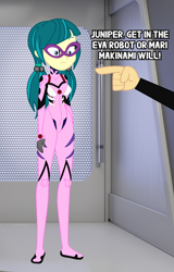 Size: 1080x1690 | Tagged: safe, artist:robertsonskywa1, derpibooru import, juniper montage, human, equestria girls, g4, movie magic, clothes, equestria girls specials, female, glasses, hand, makinami mari illustrious, meme, neon genesis evangelion, photo, plugsuit, pointing, skintight clothes, text