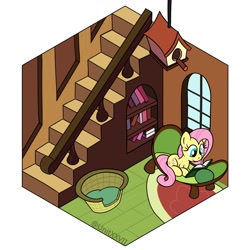 Size: 1100x1100 | Tagged: safe, artist:unitxxvii, derpibooru import, part of a set, fluttershy, pegasus, pony, g4, book, female, fluttershy's cottage, high angle, indoors, lying down, mare, prone, reading, solo