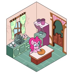 Size: 1100x1100 | Tagged: safe, artist:unitxxvii, derpibooru import, part of a set, pinkie pie, earth pony, pony, g4, eating, female, food, high angle, kitchen, mare, pie, solo, sugarcube corner