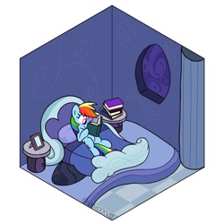 Size: 1100x1100 | Tagged: safe, artist:unitxxvii, derpibooru import, part of a set, rainbow dash, pegasus, pony, g4, backwards cutie mark, bed, bedroom, book, female, indoors, lying down, mare, on back, on bed, rainbow dash's bedroom, reading, solo