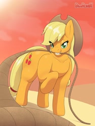 Size: 3084x4096 | Tagged: safe, artist:pawronica, artist:pawronik, derpibooru import, applejack, earth pony, pony, female, grin, high res, lasso, lidded eyes, mare, mouth hold, offscreen character, pov, raised hoof, raised leg, rope, smiling, solo