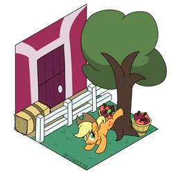 Size: 1100x1100 | Tagged: safe, artist:unitxxvii, derpibooru import, part of a set, applejack, earth pony, pony, g4, apple, apple tree, applebucking, barn, bucket, female, food, high angle, looking back, mare, outdoors, solo, sweet apple acres, tree