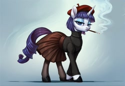 Size: 2104x1440 | Tagged: safe, ai content, derpibooru import, generator:pony diffusion v6 xl, generator:stable diffusion, machine learning generated, rarity, pony, unicorn, g4, alternate hairstyle, beret, cigarette, cigarette holder, clothes, eyeshadow, female, hat, hoof shoes, horn, lidded eyes, looking at you, makeup, prompter:siber, short mane, skirt, smoking, solo, stockings, sweater, thigh highs, turtleneck