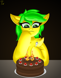 Size: 1100x1400 | Tagged: safe, artist:twinky, derpibooru import, oc, oc only, pony, birthday, birthday cake, birthday candles, cake, candle, chest fluff, female, food, mare, portal (valve), solo, spoon, the cake is a lie