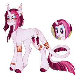 Size: 1000x1000 | Tagged: safe, artist:kazmuun, derpibooru import, cayenne, classical unicorn, pony, unicorn, series:kazmuun's drawing every pony, g4, alternate design, alternate eye color, alternate hairstyle, alternate tailstyle, blue eyeshadow, cheek piercing, chest fluff, cloven hooves, coat markings, colored, colored hooves, colored lineart, concave belly, curved horn, ear fluff, ear markings, ear piercing, ear tufts, earring, ears, eye clipping through hair, eyebrow piercing, eyebrow slit, eyebrows, eyeshadow, female, flat colors, freckles, frown, gradient coat, gradient ears, gradient horn, gradient legs, gradient tail, hairclip, hock fluff, hooves, horn, horn markings, industrial piercing, jewelry, leonine tail, lidded eyes, long horn, long legs, long mane, long tail, looking at you, magenta mane, magenta tail, makeup, mare, multicolored mane, multicolored tail, orange eyes, piercing, pink mane, pink tail, redesign, reference used, shiny hooves, shoulder fluff, signature, simple background, slender, slit eyes, solo, standing, stripes, tail, tail fluff, tail markings, tall ears, thin, three quarter view, transparent background, unicorn horn, unshorn fetlocks, white coat, white pupils