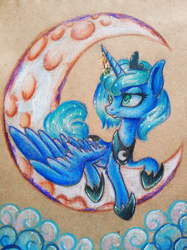 Size: 1914x2560 | Tagged: safe, artist:just_yuki, derpibooru import, princess luna, alicorn, cloud, lying down, moon, pencil drawing, traditional art