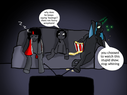 Size: 1200x900 | Tagged: safe, artist:rotexun, derpibooru import, king sombra, queen chrysalis, oc, oc:sinnie, changeling, pony, equestria at war mod, g4, bored, crystal empire, hanging out, stalliongrad, watching tv