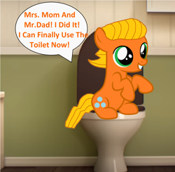 Size: 2052x2012 | Tagged: safe, artist:memeartboi, derpibooru import, earth pony, pony, g4, bathroom, but why, calling, colt, darwin watterson, excited, foal, grin, implied poop, implied pooping, indoors, male, ponified, potty, potty training, sitting, sitting on toilet, smiling, solo, species swap, speech bubble, teeth, text, the amazing world of gumball, toilet, toilet humor