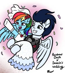 Size: 345x387 | Tagged: source needed, safe, artist:melspyrose, derpibooru import, rainbow dash, soarin', pegasus, pony, best ponies, bridal carry, carrying, cute, dashabetes, female, gender equality, heartwarming, male, mare, marriage, rainbow dash always dresses in style, rainbow dash is best pony, rainbow sass, shipping, soarindash, stallion, straight, sweet dreams fuel, wedding