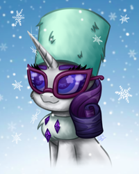 Size: 2000x2500 | Tagged: safe, artist:sunamoonmlp, derpibooru exclusive, derpibooru import, rarity, pony, unicorn, g4, clothes, cute, female, glasses, hat, horn, jewelry, mare, necklace, smiling, snow, snowflake, solo, winter, winter hat, winter outfit