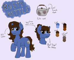 Size: 2048x1653 | Tagged: safe, artist:rusty kettle, derpibooru import, oc, oc only, oc:rusty kettle, earth pony, pony, blue coat, brown eyes, brown mane, long mane, male, reference sheet, simple background, solo, stallion