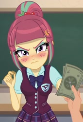 Size: 832x1216 | Tagged: safe, ai content, derpibooru import, machine learning generated, sour sweet, human, equestria girls, g4, angry, blushing, breasts, chalkboard, classroom, closed mouth, clothes, crystal prep academy uniform, female, freckles, indoors, looking at you, male, money, offscreen character, offscreen male, prompter:nw th, school uniform