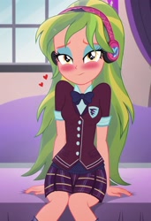 Size: 832x1216 | Tagged: safe, ai content, derpibooru import, machine learning generated, lemon zest, human, equestria girls, g4, blushing, breasts, clothes, crystal prep academy uniform, flirting, headphones, heart, looking at you, prompter:nw th, school uniform, sofa, solo