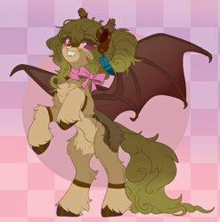 Size: 1052x1064 | Tagged: safe, artist:oppertunitea, derpibooru import, oc, oc only, bat pony, pony, abstract background, bow, chest fluff, choker, ear piercing, earring, fangs, female, hair bow, jewelry, mare, piercing, rearing, solo, spread wings, unshorn fetlocks, wings