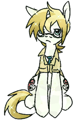 Size: 307x499 | Tagged: safe, artist:muffinz, derpibooru import, oc, oc only, oc:fretchen farrier, crystal pony, pony, unicorn, clothes, coat, glasses, horn, male, necktie, sitting, stallion, trenchcoat