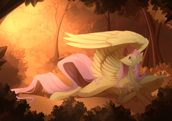 Size: 2287x1611 | Tagged: safe, artist:1nka, derpibooru import, fluttershy, pegasus, pony, belly, evening, female, forest, large wings, long tail, lying down, mare, nature, on side, prone, solo, tail, tree, wings