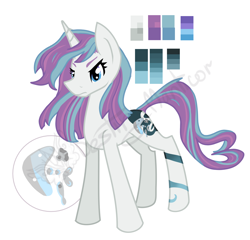 Size: 1322x1268 | Tagged: safe, artist:destiny_manticor, derpibooru import, oc, oc only, pony, unicorn, adoptable, auction, body markings, concave belly, cutie mark, female, gradient markings, heterochromia, horn, long tail, mare, obtrusive watermark, palette, signature, simple background, slender, solo, tail, thin, three quarter view, two toned mane, two toned tail, watermark, white background