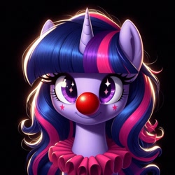 Size: 1024x1024 | Tagged: safe, ai content, derpibooru import, generator:bing image creator, generator:dall-e 3, machine learning generated, twilight sparkle, unicorn, g4, alternate hairstyle, clown, clown nose, female, horn, mare, prompter:heydude5321, red nose, solo, starry eyes, wingding eyes